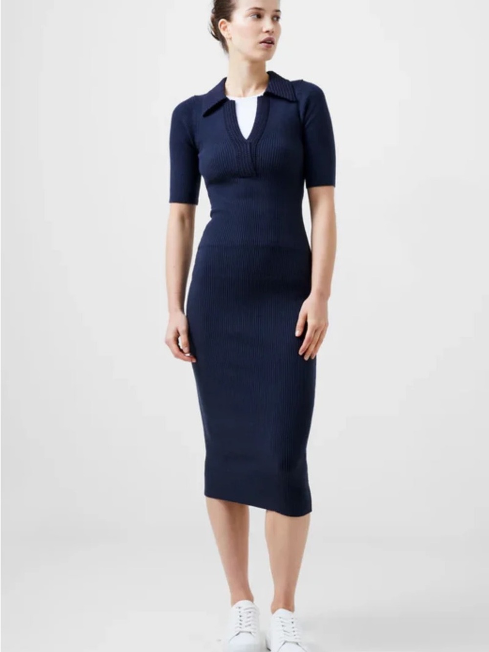 Navy Ribbed Polo Cosysoft V Neck Midi Dress French Connection